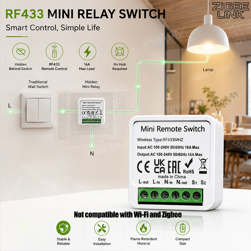 Diy Home Automation System - Mini Relè Intelligente RF433MHz 16A, Interruttore
